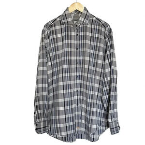 Thomas Dean Mens L Pima Cotton Long Sleeve Gray/Navy Plaid Button Down